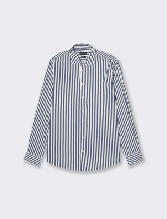 Men's Striped Cotton Stretch Shirt with French Collar - Blue