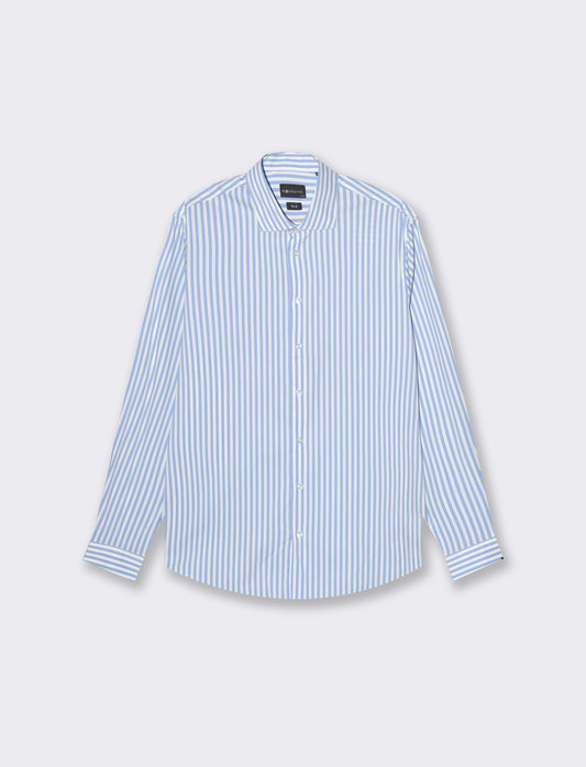 Men's Striped Cotton Stretch Shirt with French Collar - Sky blue