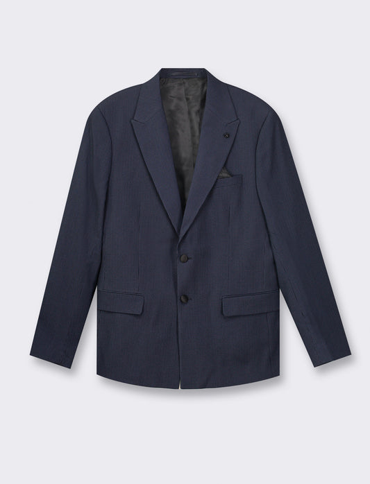 Classic Fit Herringbone Blazer with Contrast Pocket Square - Blue