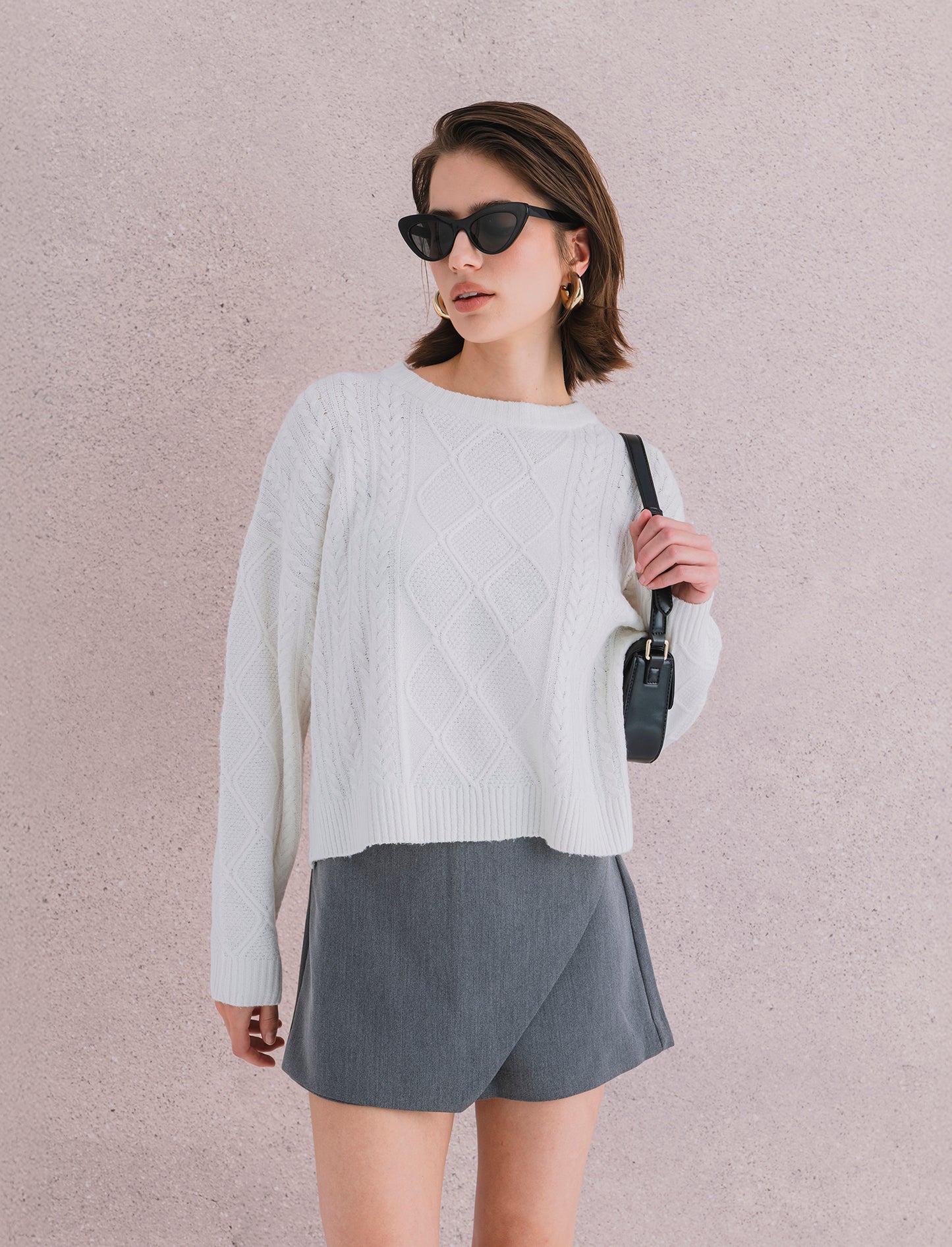 Maglia manica lunga girocollo crop con lavorazione a trecce - Avorio