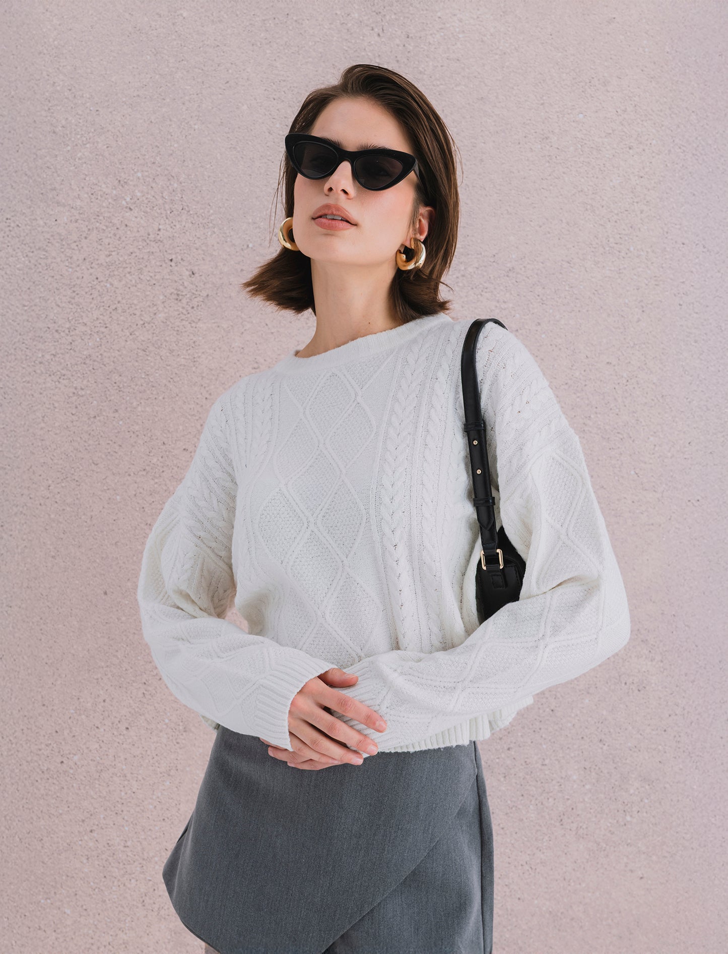 Maglia manica lunga girocollo crop con lavorazione a trecce - Avorio