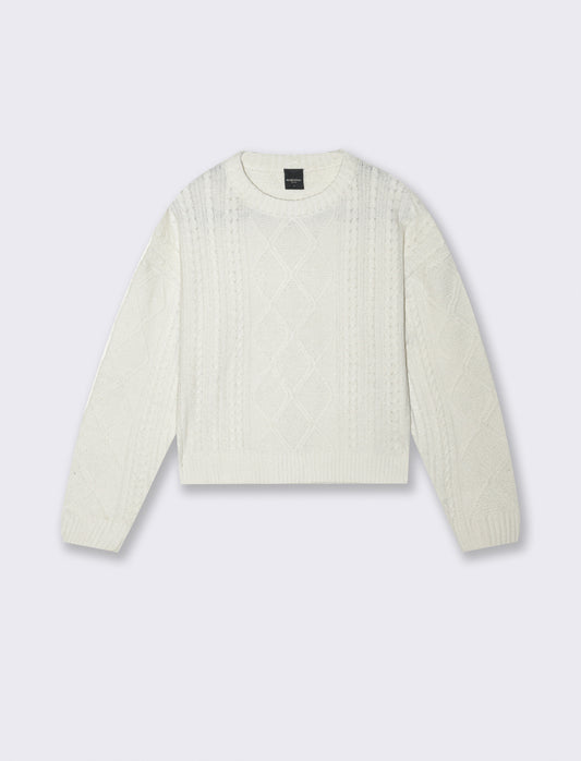 Maglia manica lunga girocollo crop con lavorazione a trecce - Avorio