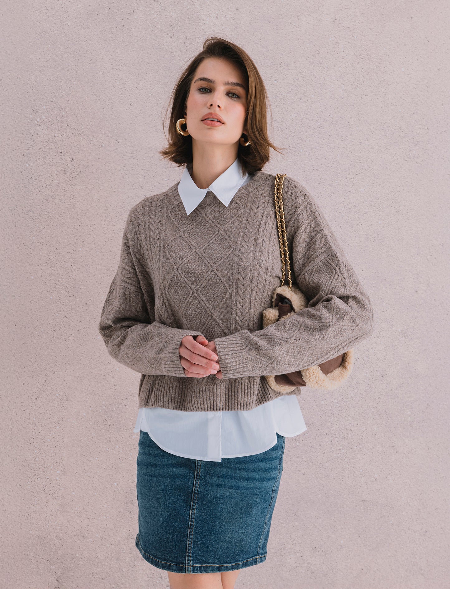 Maglia manica lunga girocollo crop con lavorazione a trecce - Tortora melange