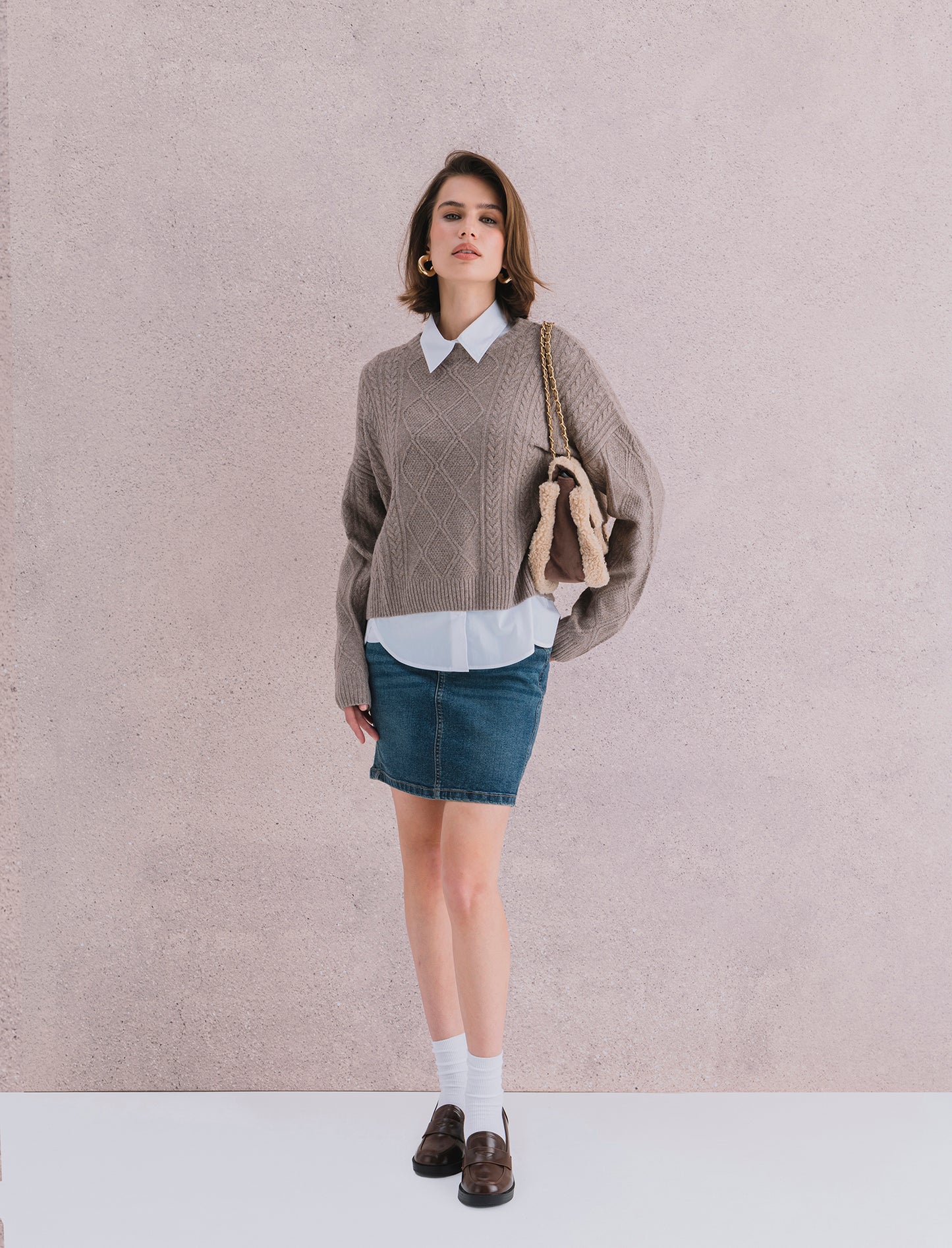 Maglia manica lunga girocollo crop con lavorazione a trecce - Tortora melange