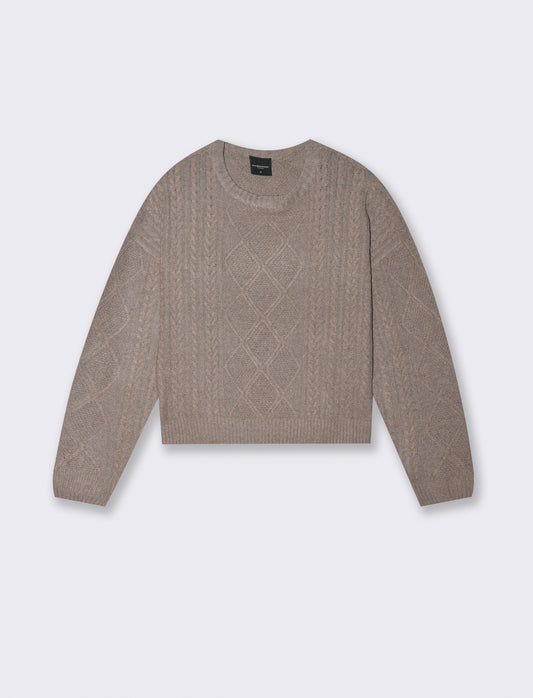 Maglia manica lunga girocollo crop con lavorazione a trecce - Tortora melange