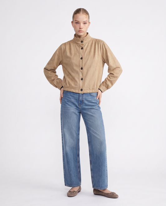 Cropped jacket with elasticated hem and button closure - Beige