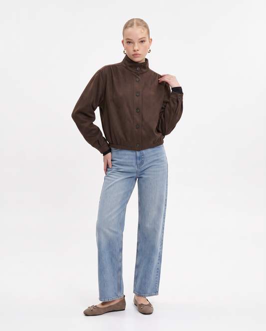 Cropped jacket with elasticated hem and button closure - Brown