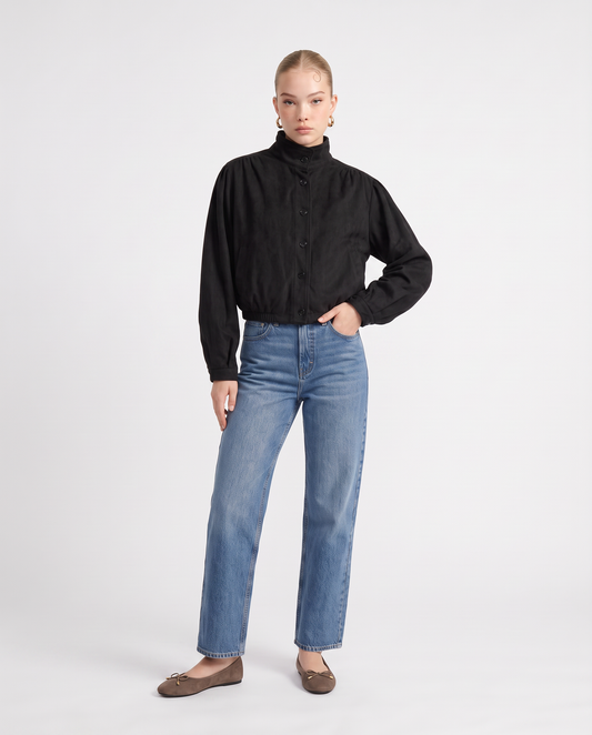 Cropped jacket with elasticated hem and button closure - Black