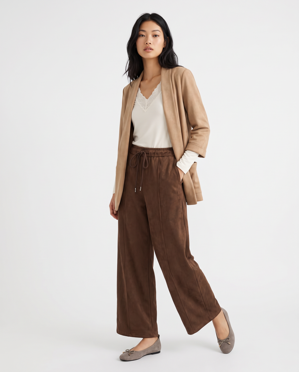 Suede-effect three-quarter jacket - Beige