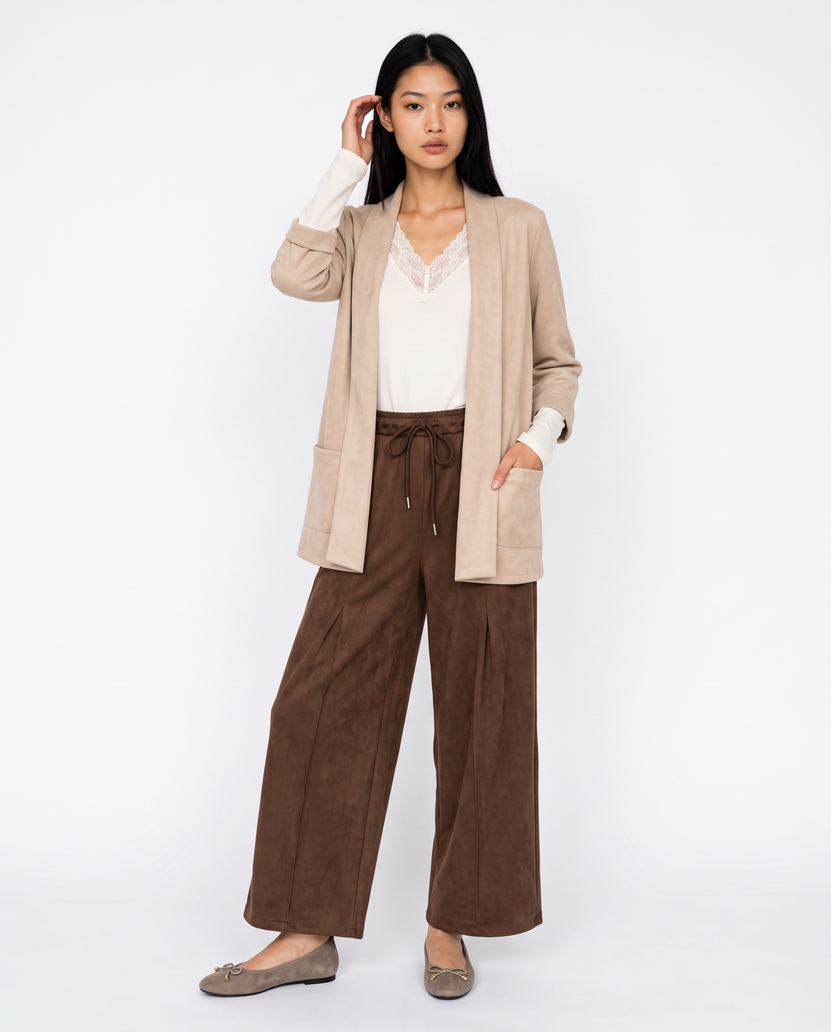 Suede-effect three-quarter jacket - Beige