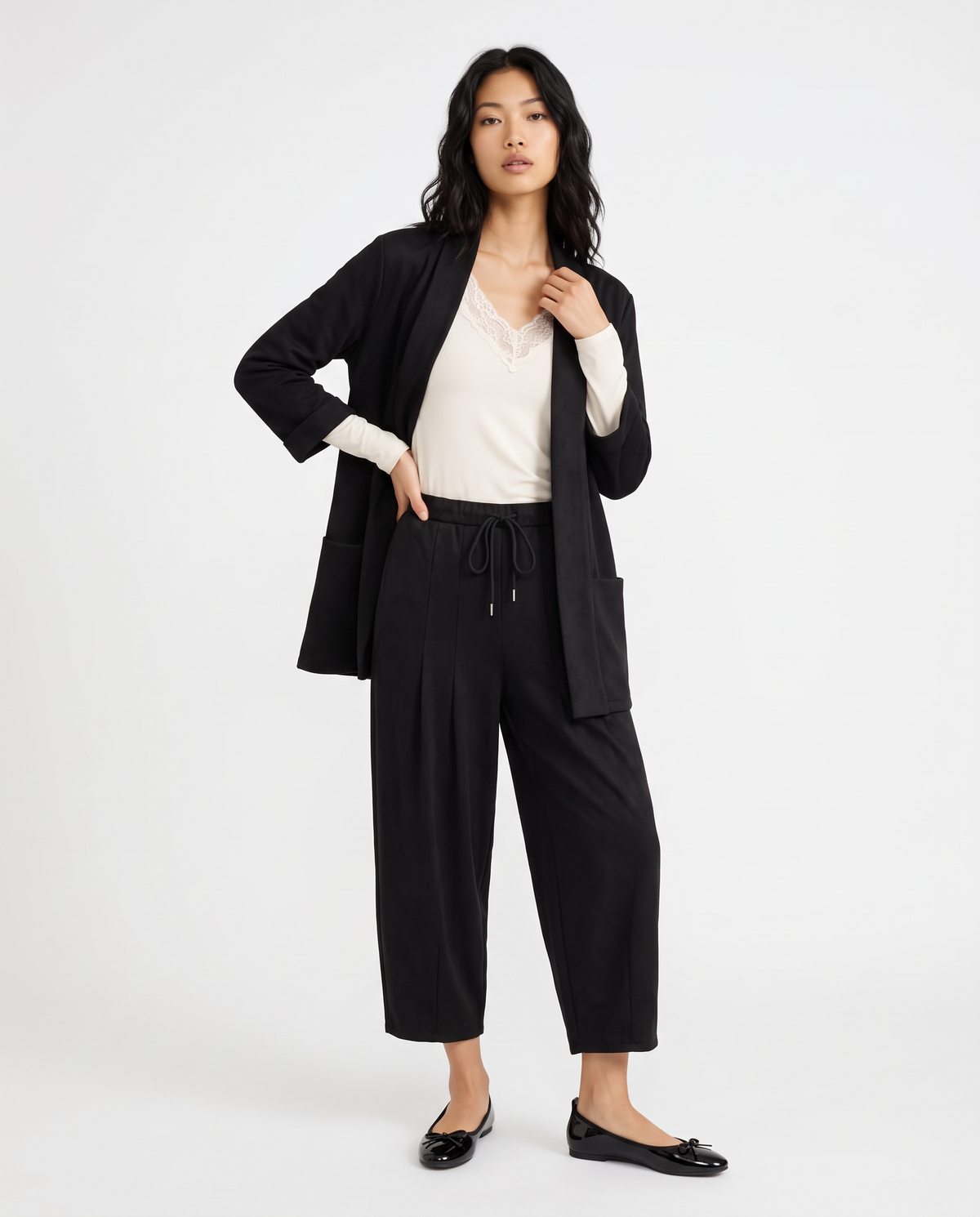 Suede-effect three-quarter jacket - Black