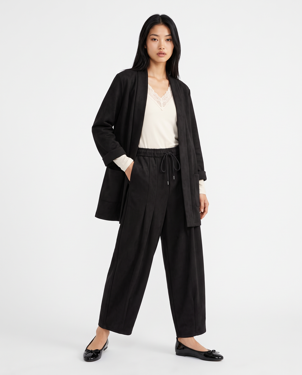 Suede-effect three-quarter jacket - Black