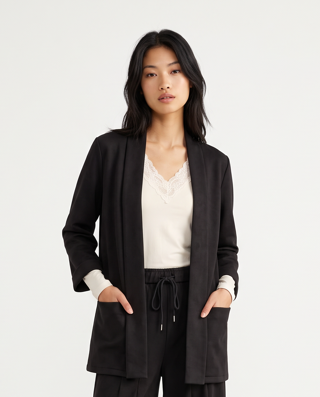 Suede-effect three-quarter jacket - Black