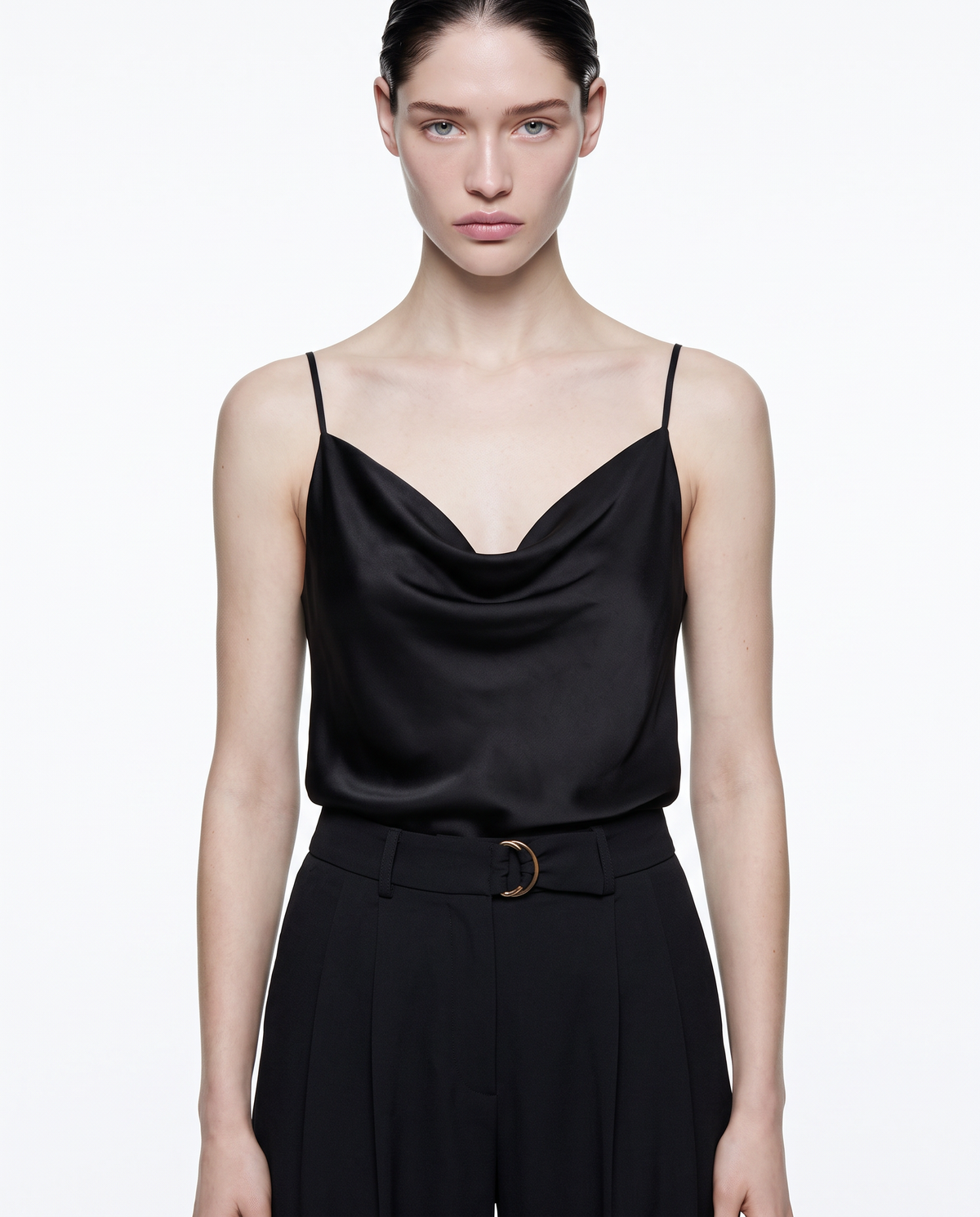 Cowl neck top with thin straps - Black