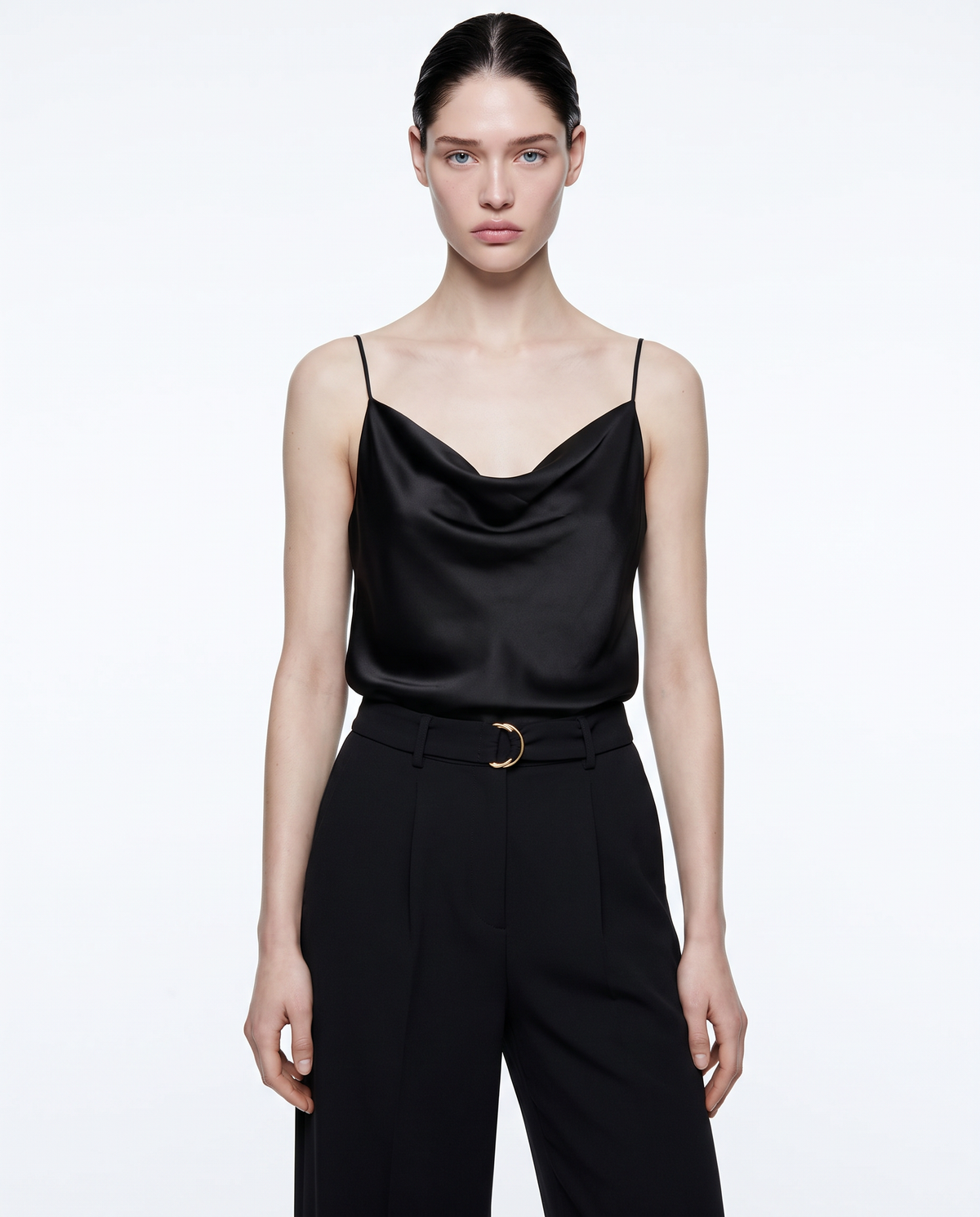 Cowl neck top with thin straps - Black