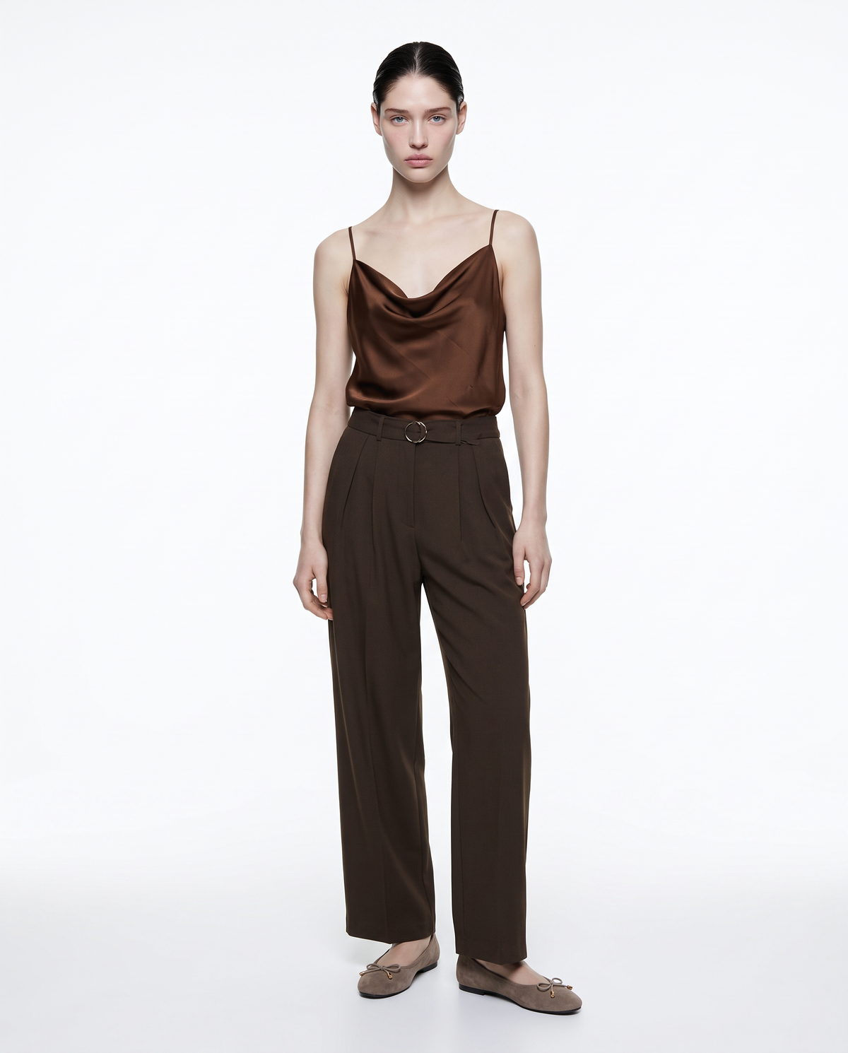 Cowl neck top with thin straps - Brown