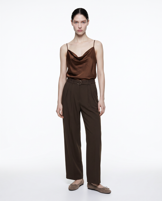Cowl neck top with thin straps - Brown