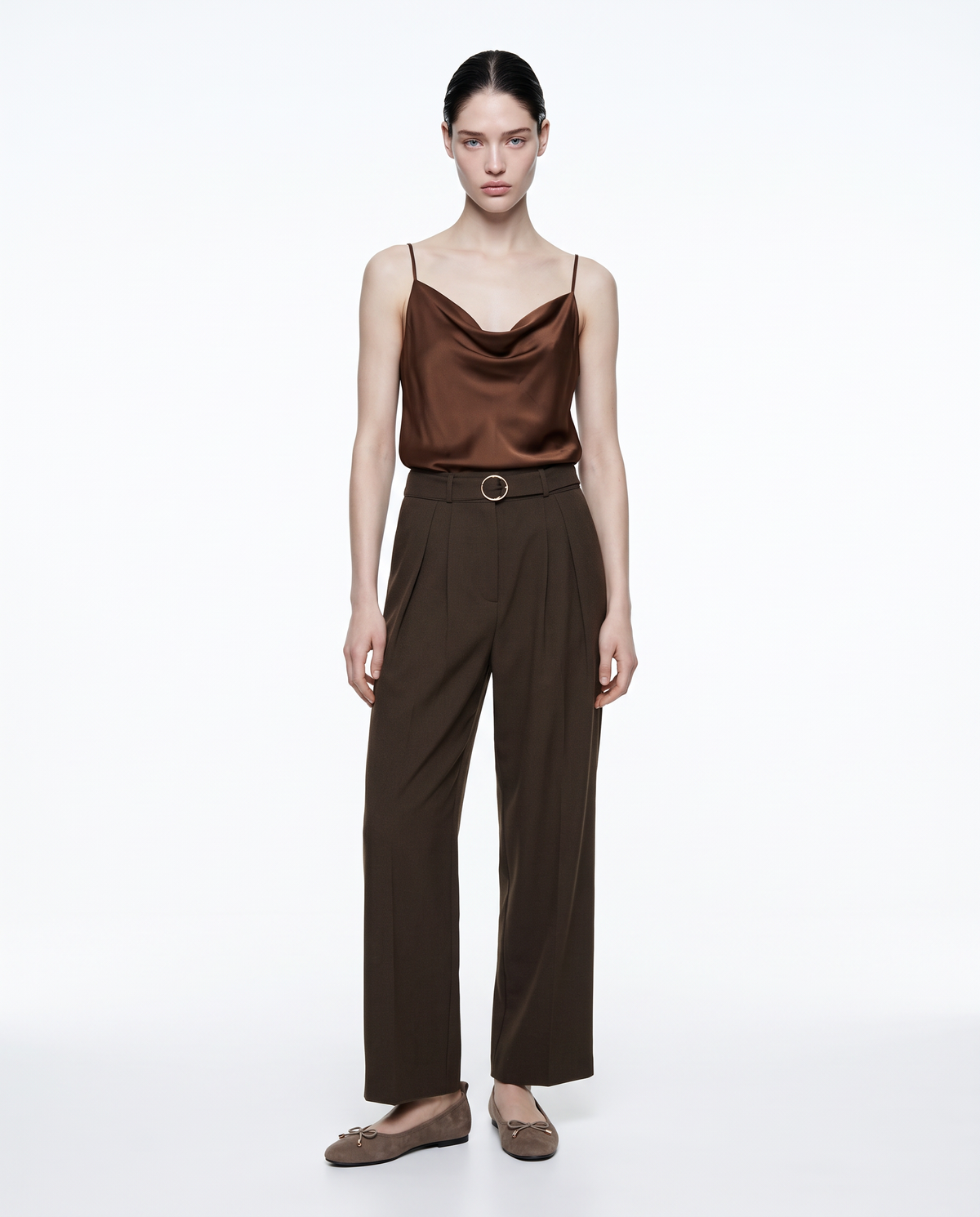 Cowl neck top with thin straps - Brown