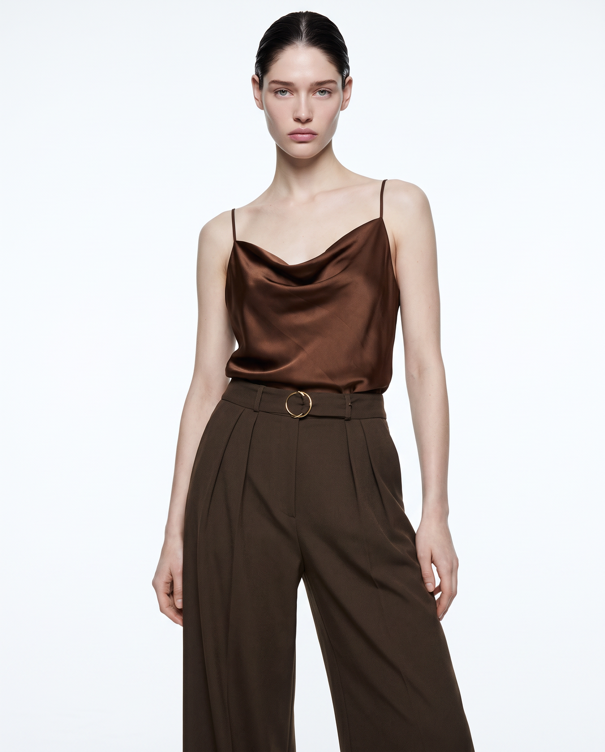 Cowl neck top with thin straps - Brown