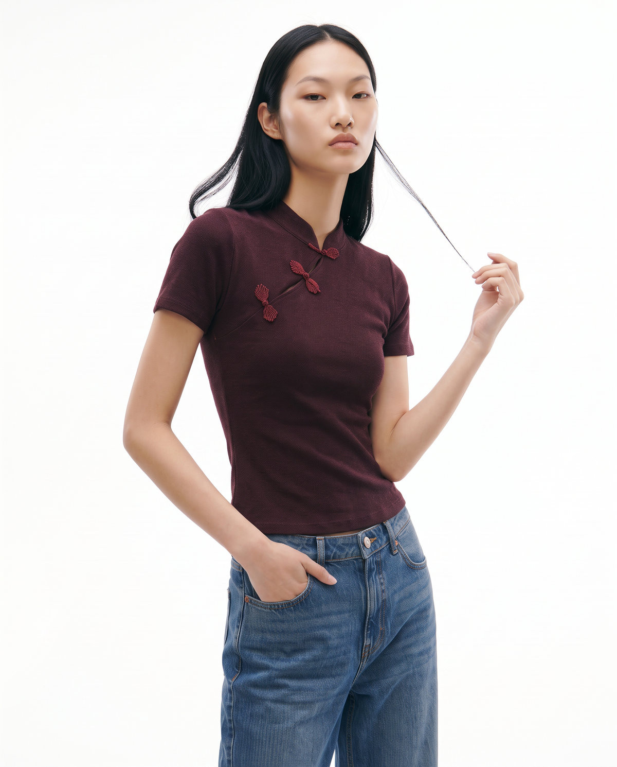 Asymmetric short sleeve top with mandarin collar and frog closures - Red