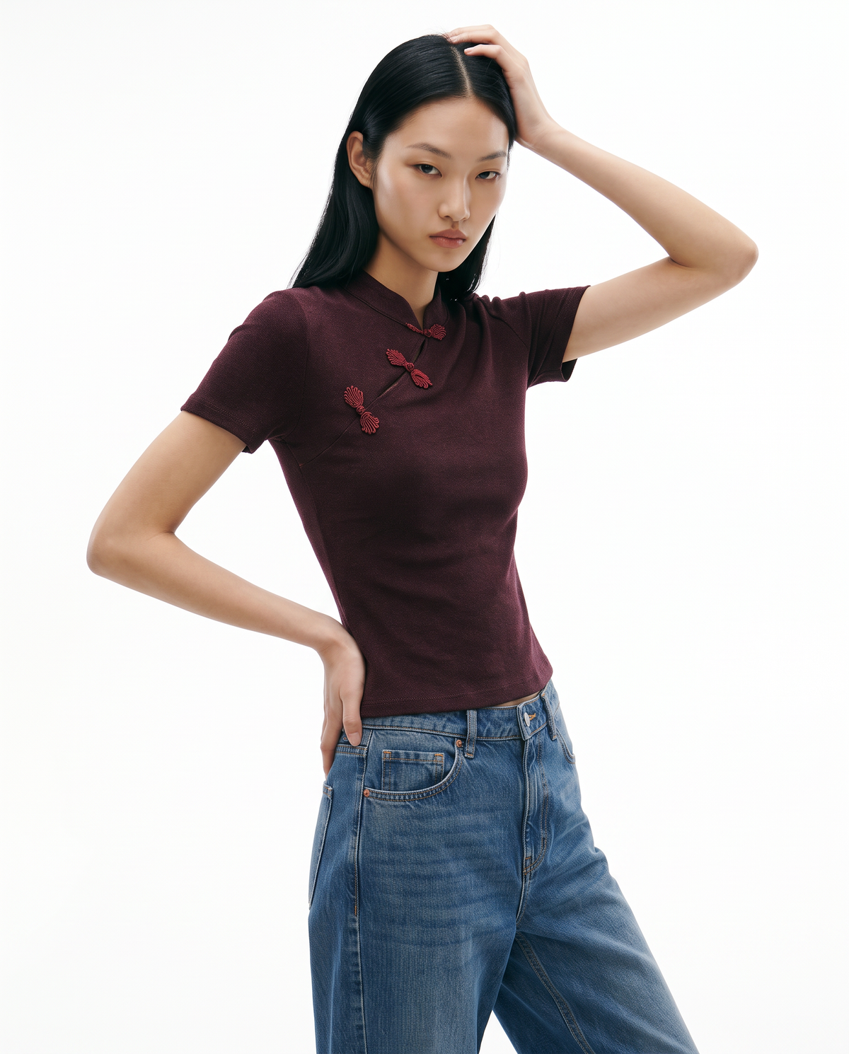 Asymmetric short sleeve top with mandarin collar and frog closures - Red