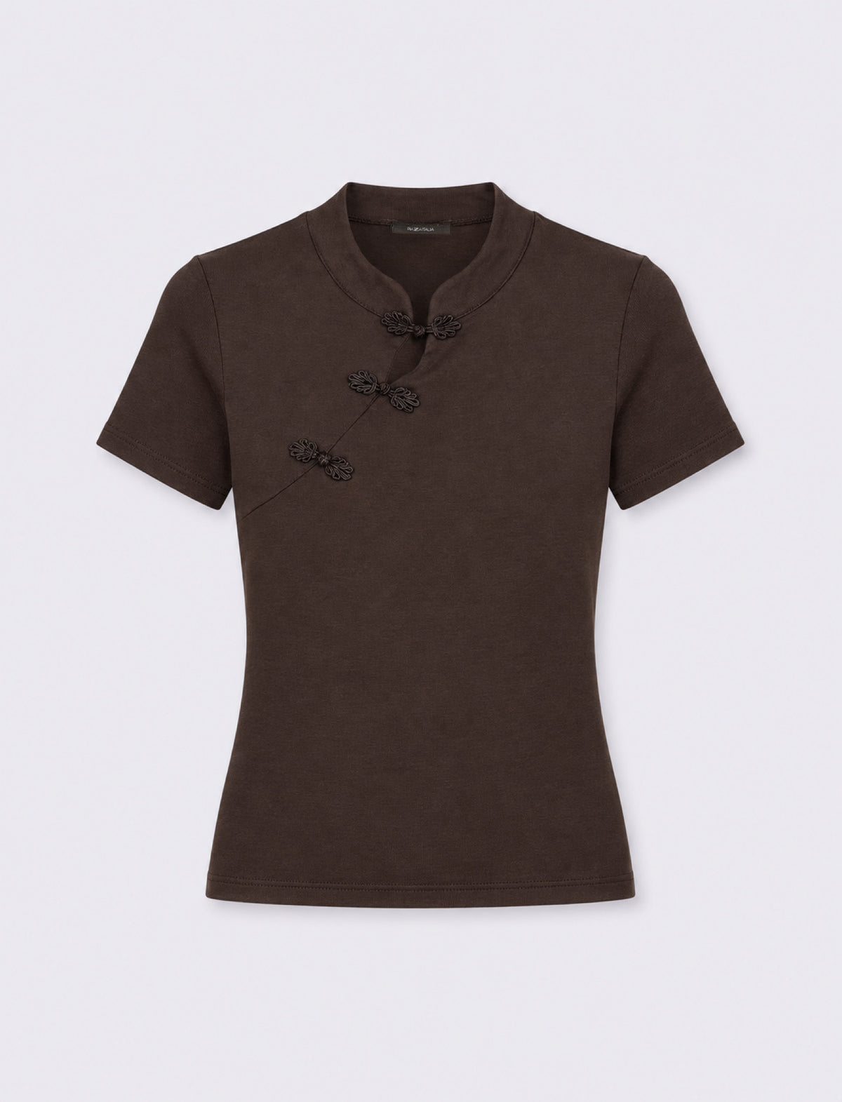 Asymmetric short sleeve top with mandarin collar and frog closures - Brown