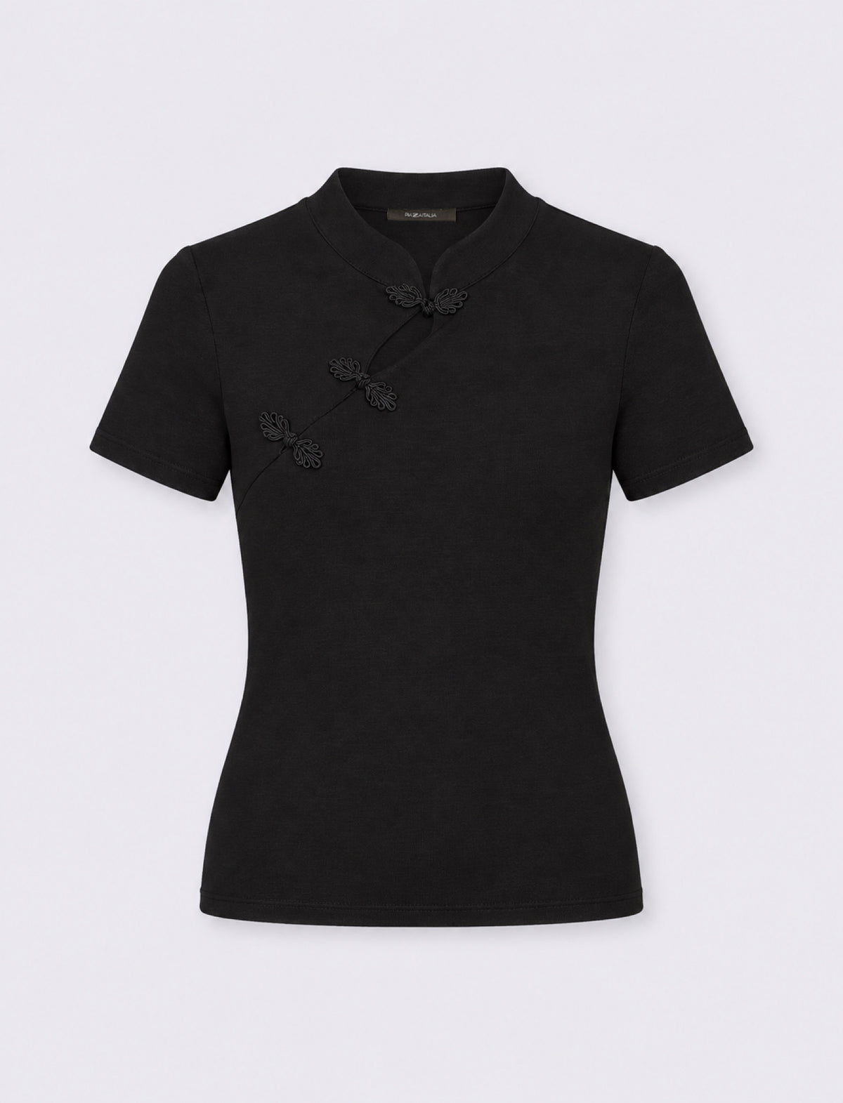Asymmetric short sleeve top with mandarin collar and frog closures - Black