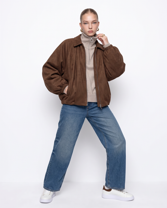 Suede-effect balloon bomber - Brown
