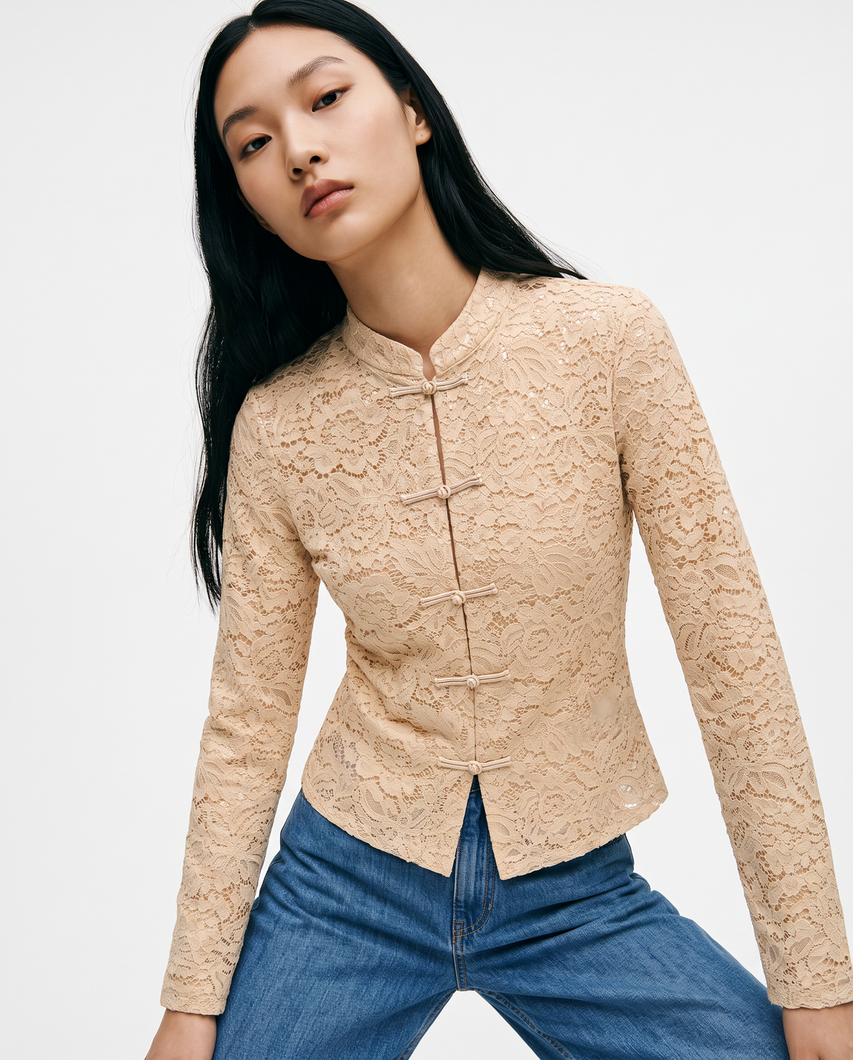 Lace shirt with mandarin collar and frog closures - Beige