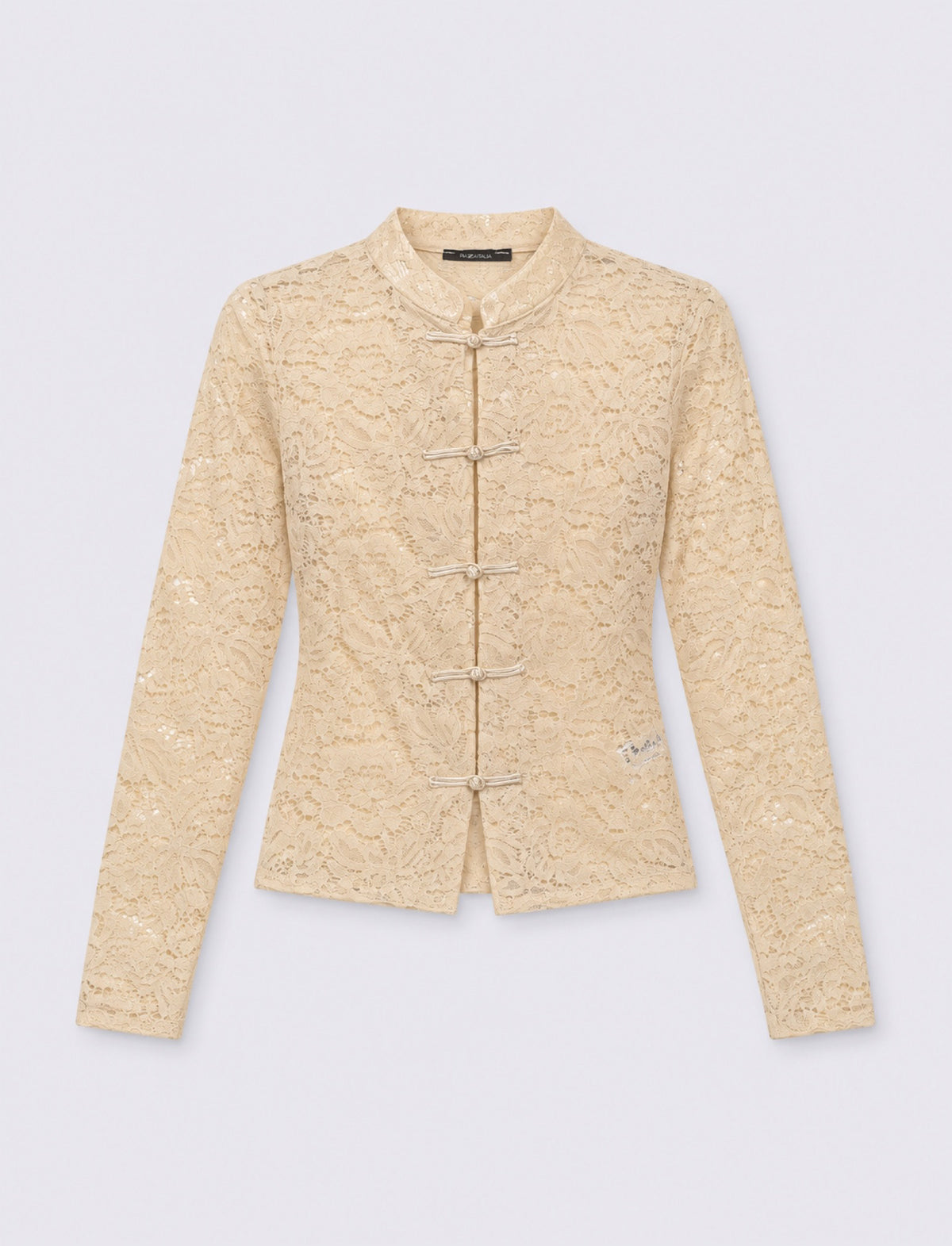 Lace shirt with mandarin collar and frog closures - Beige