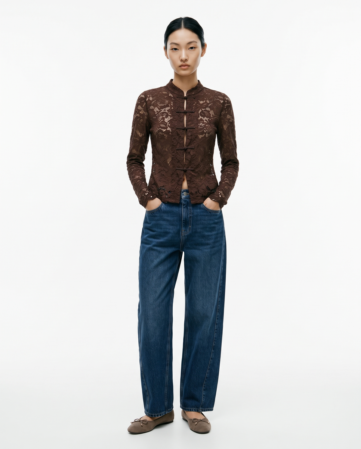 Lace shirt with mandarin collar and frog closures - Brown