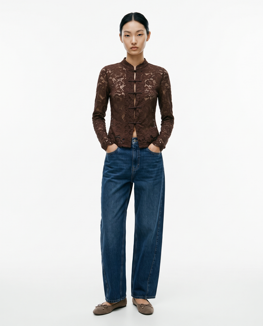 Lace shirt with mandarin collar and frog closures - Brown