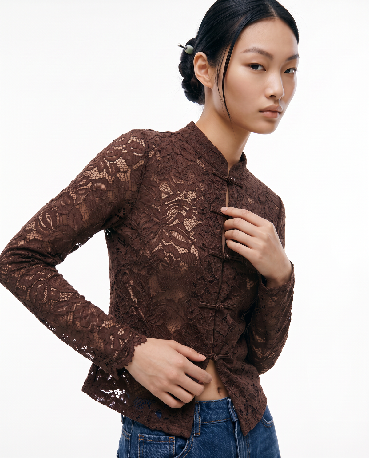 Lace shirt with mandarin collar and frog closures - Brown