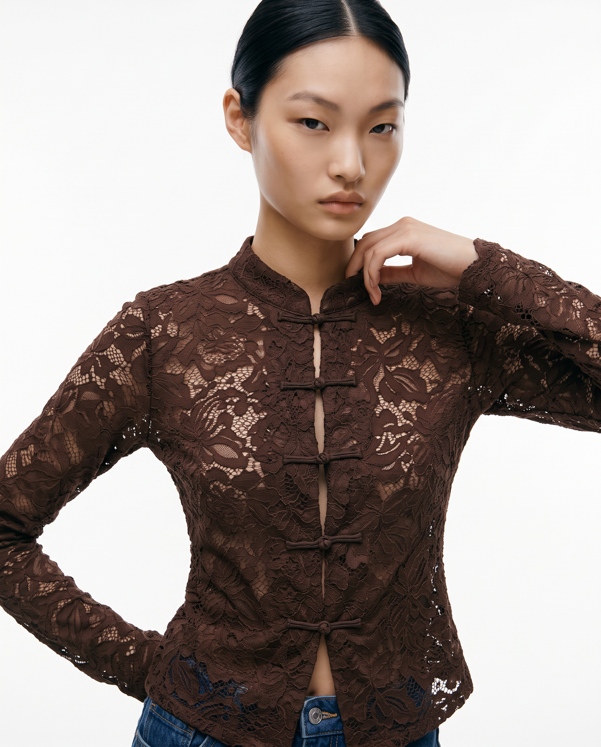 Lace shirt with mandarin collar and frog closures - Brown