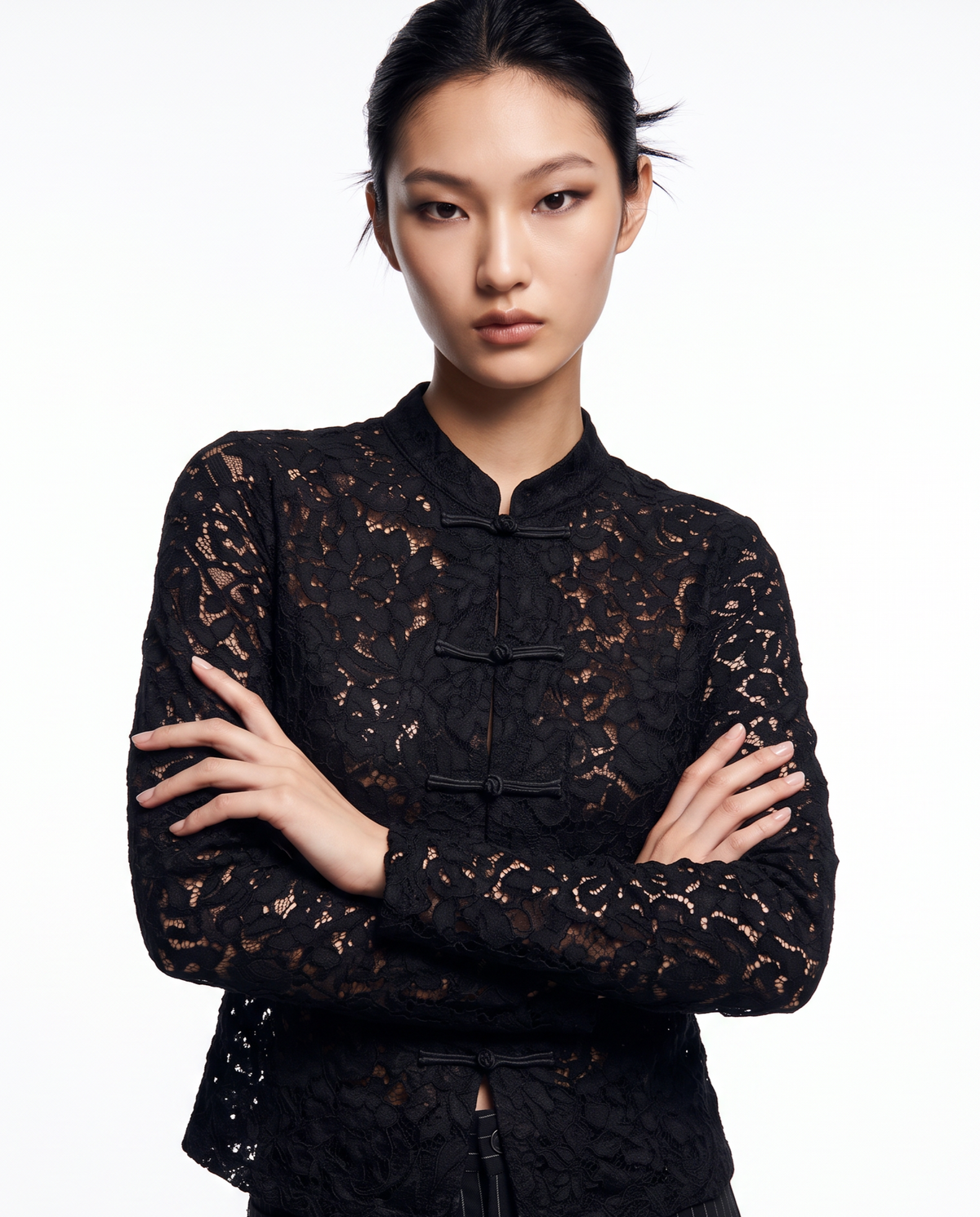 Lace shirt with mandarin collar and frog closures - Black