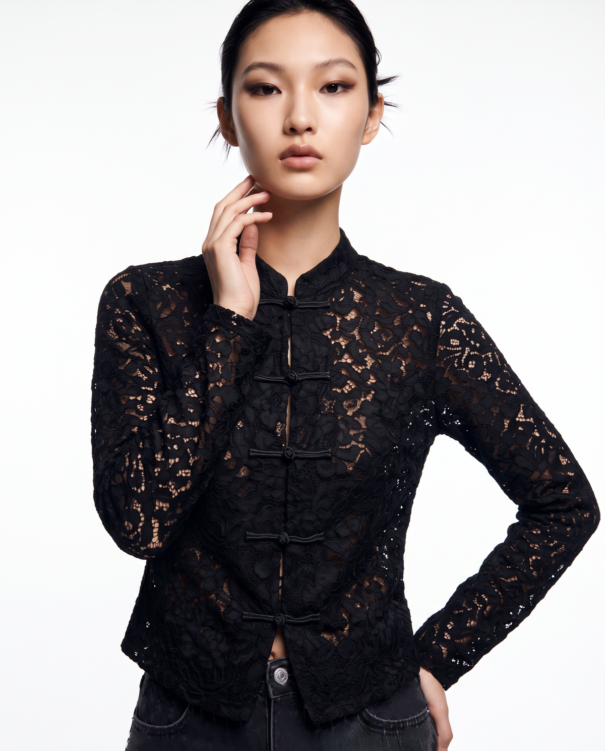 Lace shirt with mandarin collar and frog closures - Black