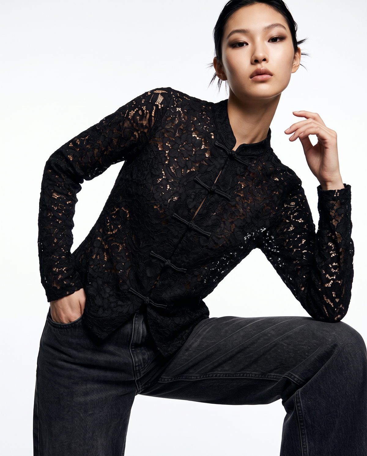 Lace shirt with mandarin collar and frog closures - Black