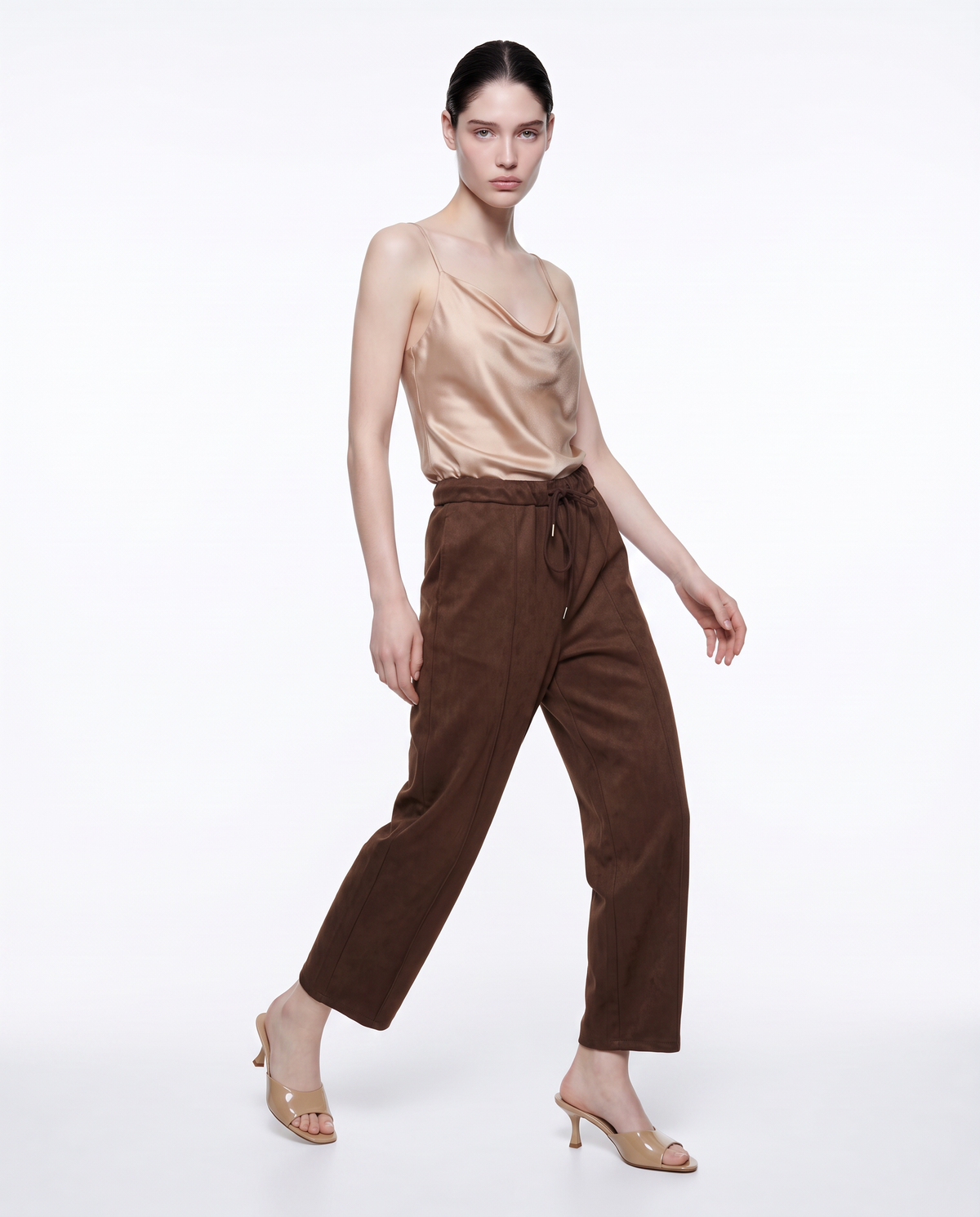 Pantaloni barrel effetto camoscio con coulisse in vita - Moro