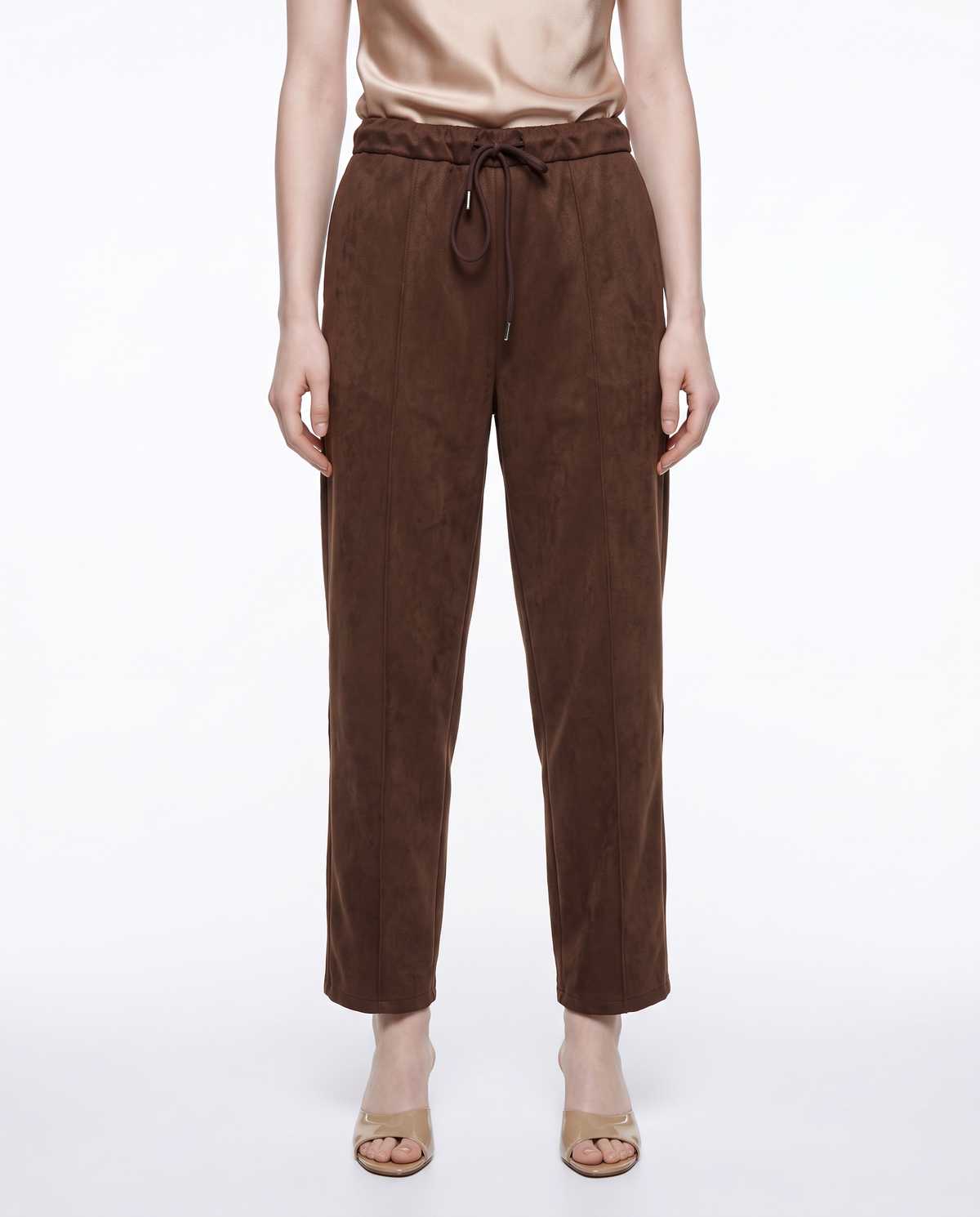 Pantaloni barrel effetto camoscio con coulisse in vita - Moro