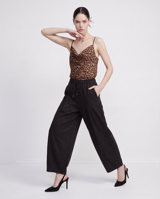 Pantaloni barrel effetto camoscio con coulisse in vita - Nero