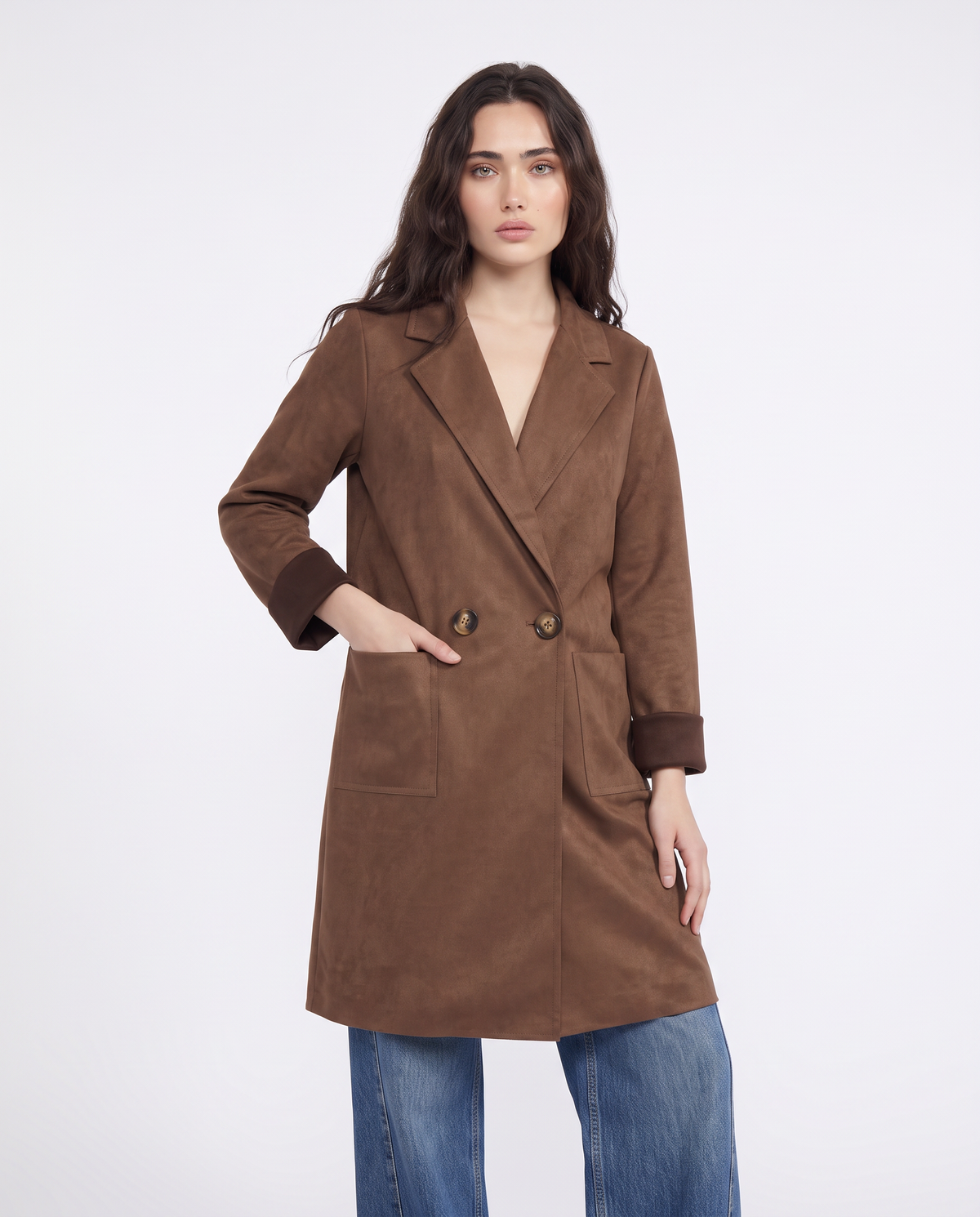 Trench effetto suede con tasche - Moro