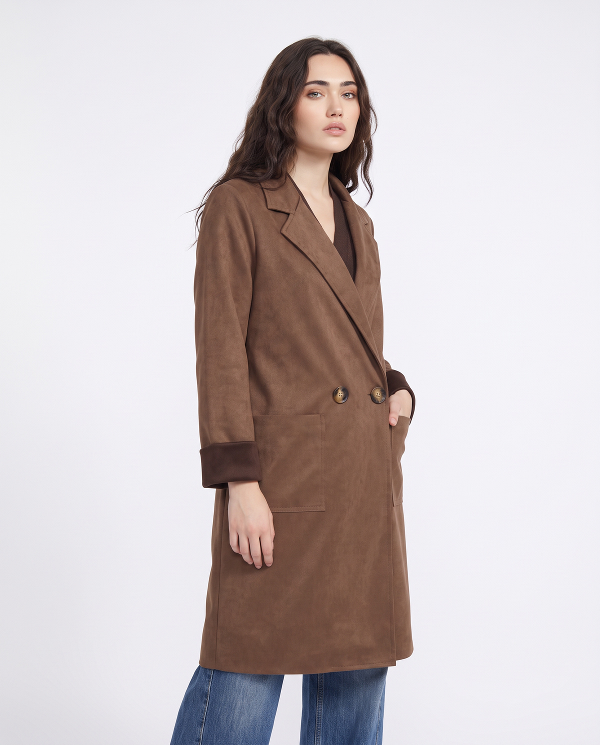 Trench effetto suede con tasche - Moro