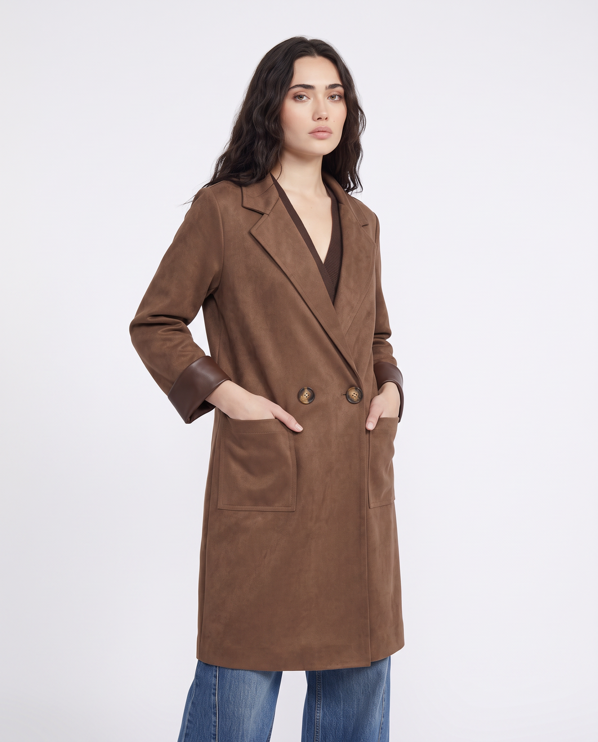 Trench effetto suede con tasche - Moro