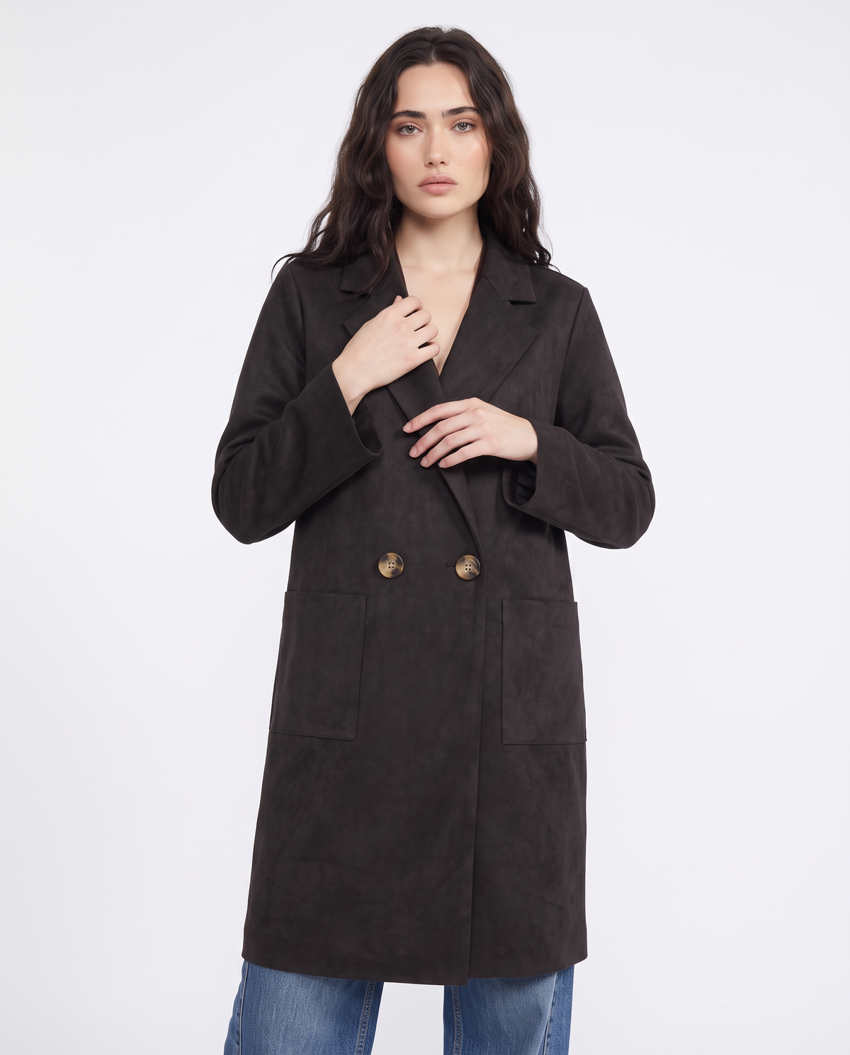 Trench effetto suede con tasche - Nero