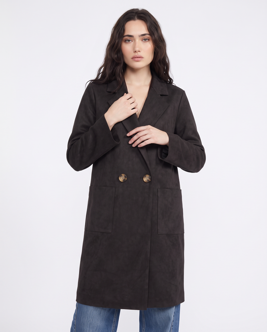 Trench effetto suede con tasche - Nero