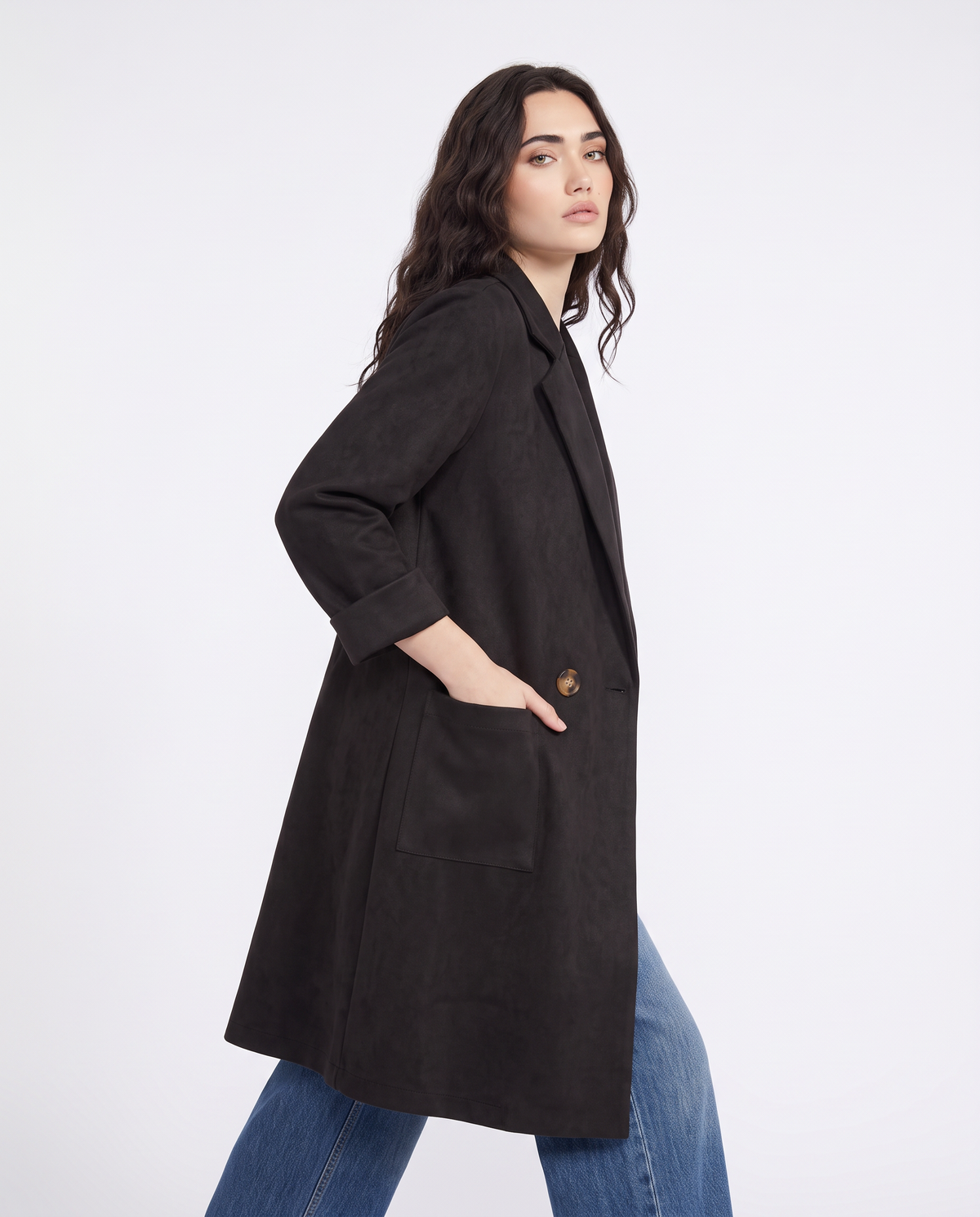Trench effetto suede con tasche - Nero