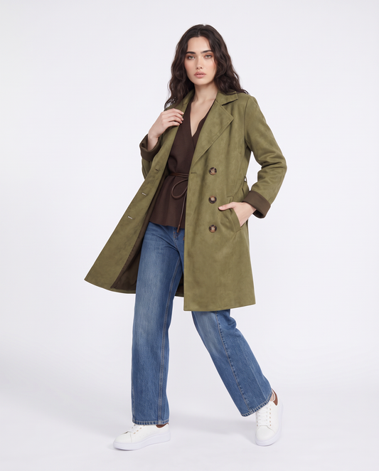 Belted suede-effect trench - Green