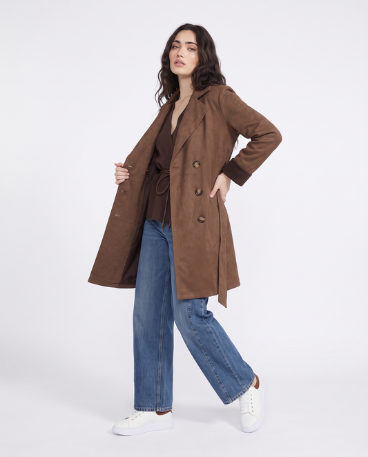 Belted suede-effect trench - Brown