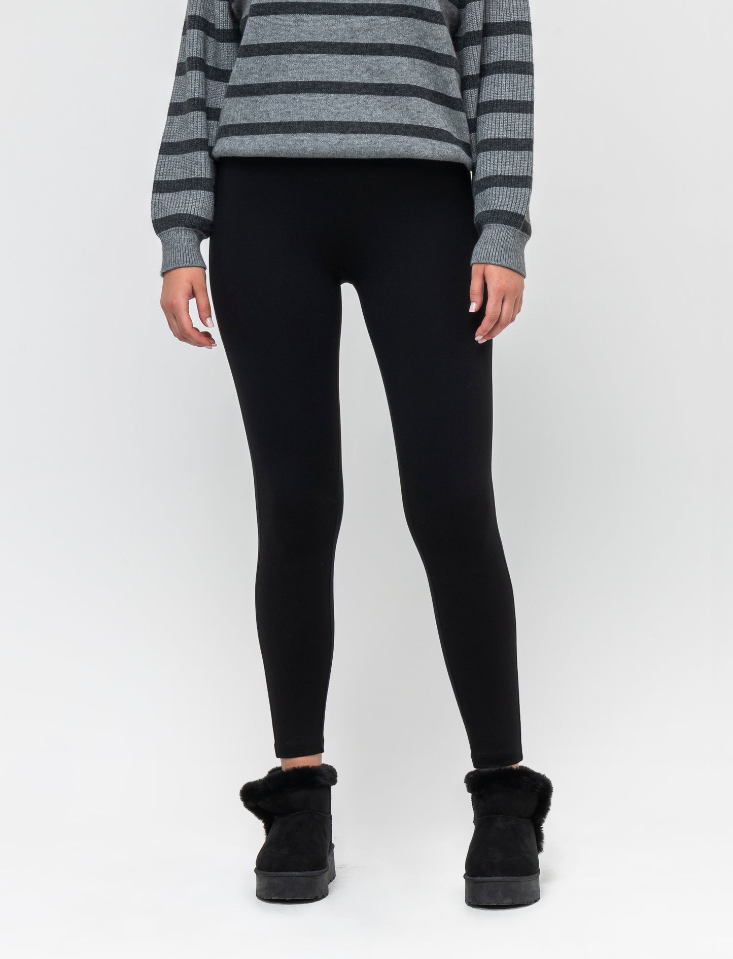 Leggings a vita in punto milano con elastico lavorato - Nero
