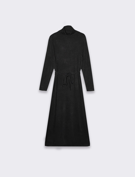Long Sleeve Belted Maxi Dress with High Neck - Black